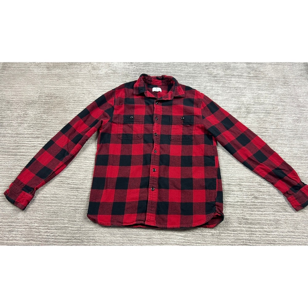 True Craft Mens Red Black Buffalo Plaid Flannel Button Down Shirt Medium Cotton